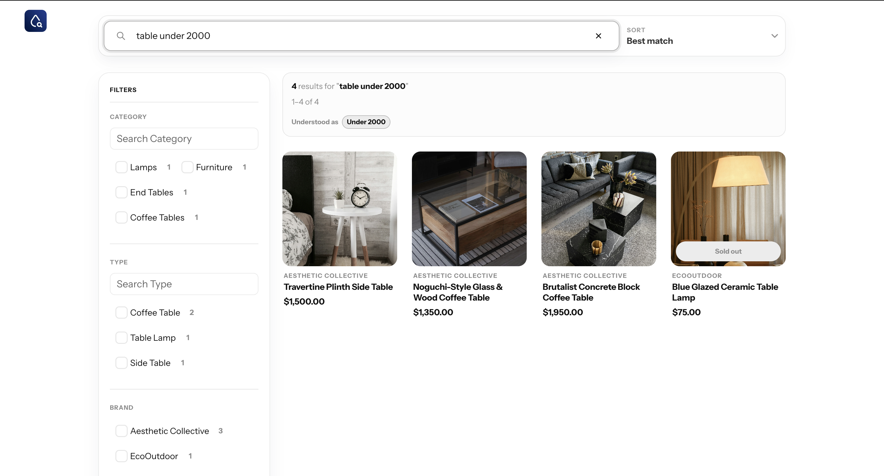 ParticleSearch full results page for table under 2000 showing category, type, brand filters, product cards, and best-match sorting